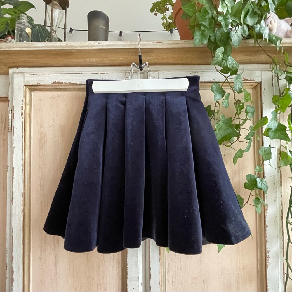 Maje pleated blue velvet mini skirt